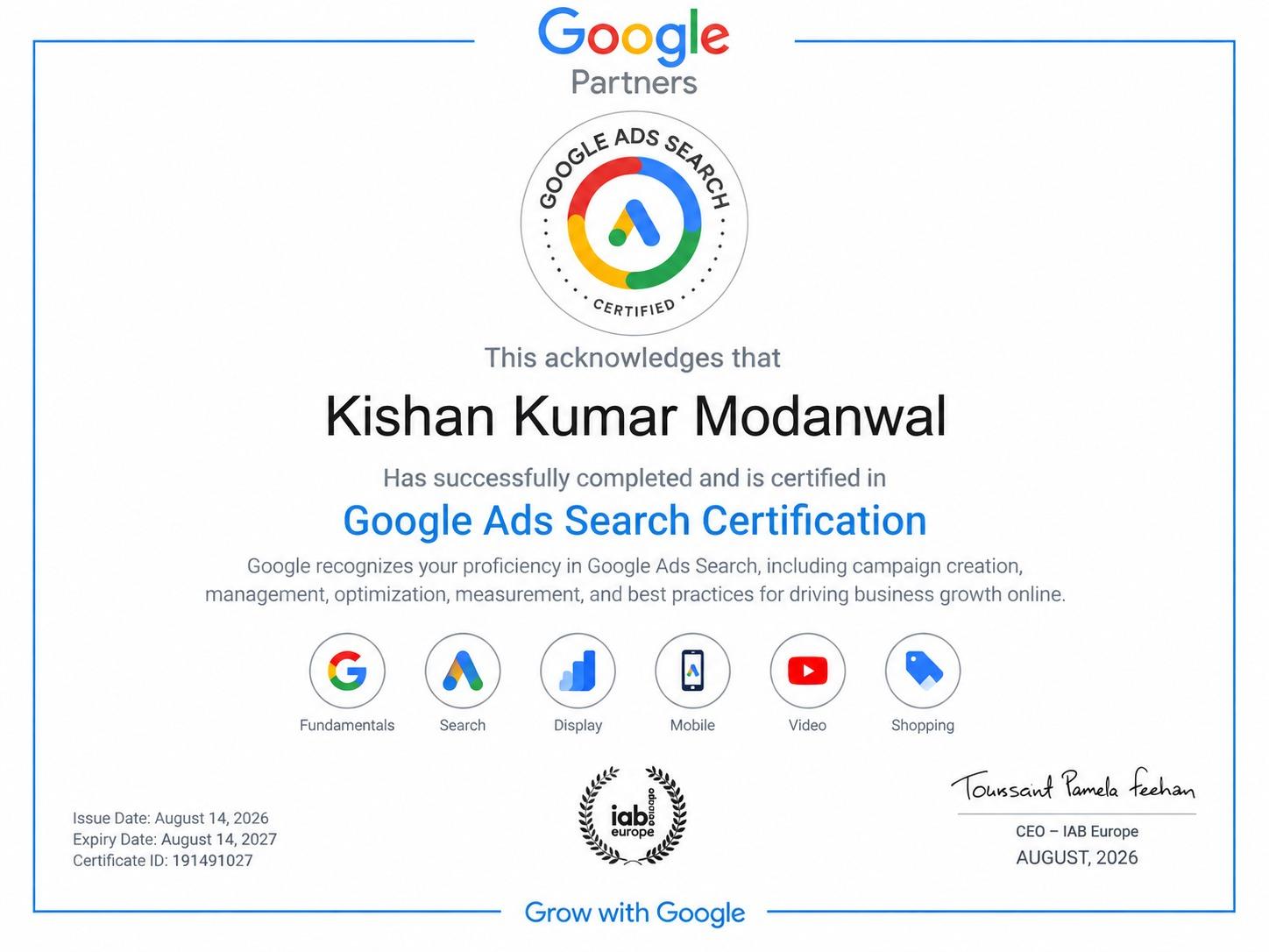 Google Ads Search Certification - Kishan Kumar Modanwal